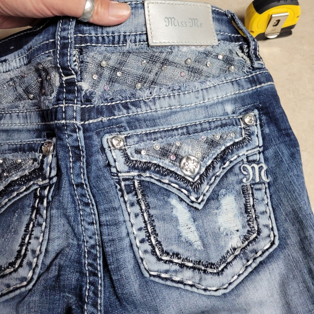 Miss me jeans size 26 mid rise skinny distressed, embellished-blue/silver - Picture 4 of 15